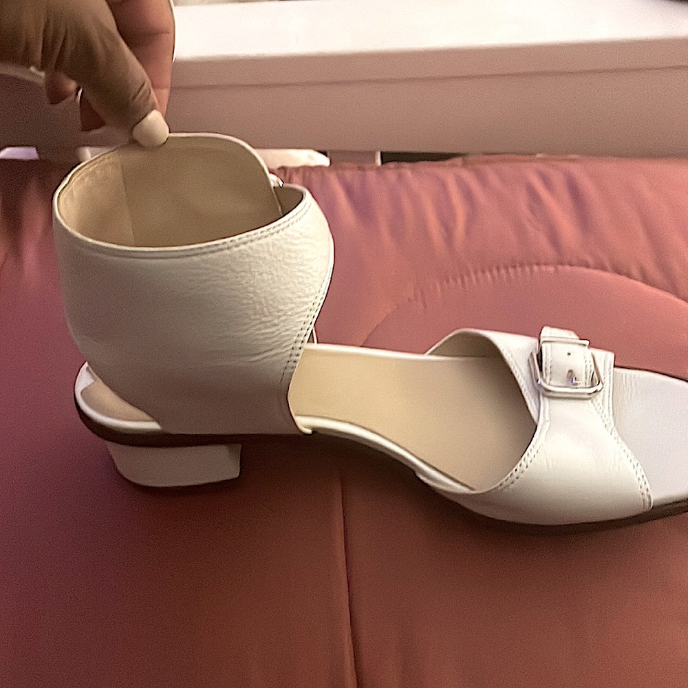 White all leather ankle strap sandals